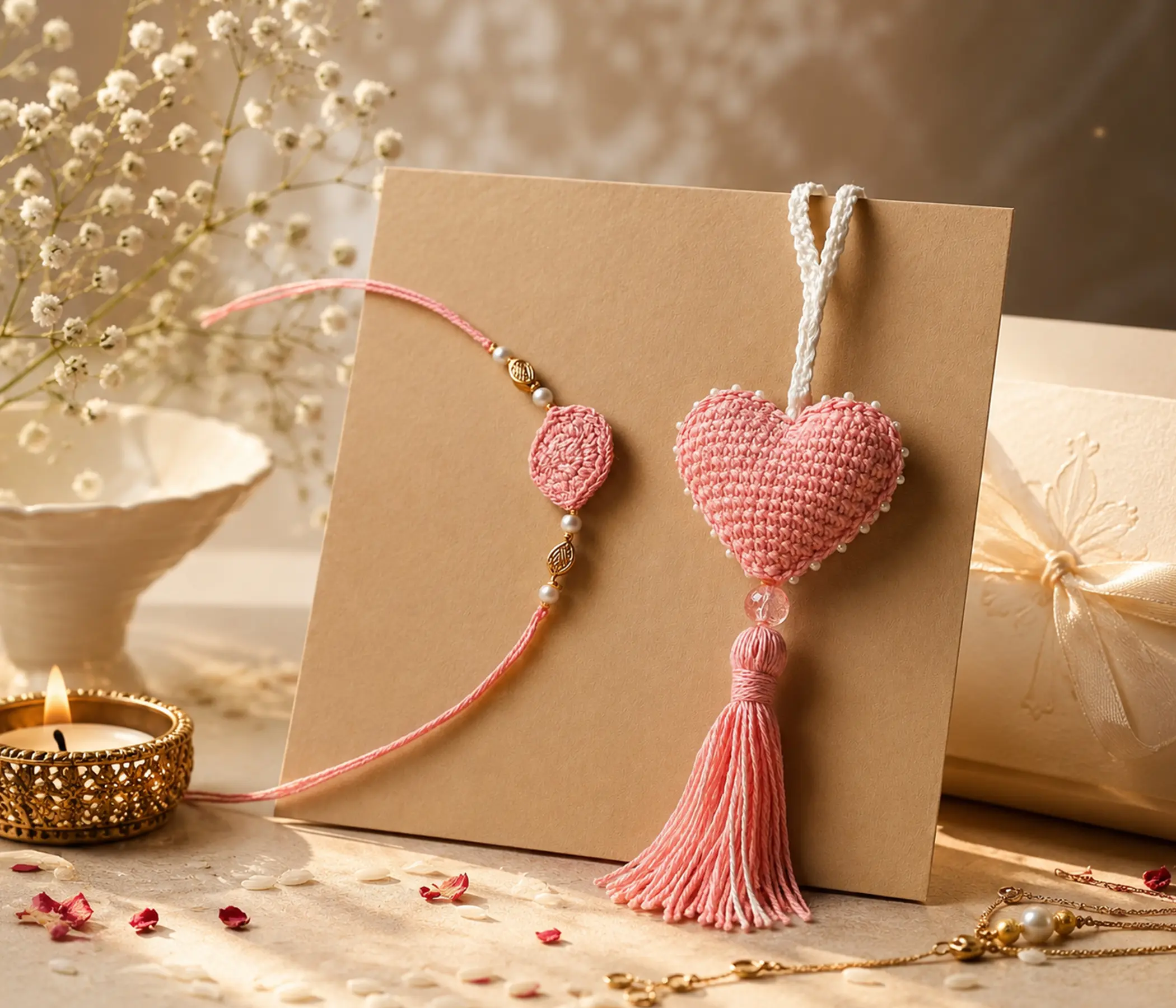 Handmade Pink Crochet Heart Rakhi | Heart Design Rakhadi for Brother | Elegant Raksha Bandhan Rakhi